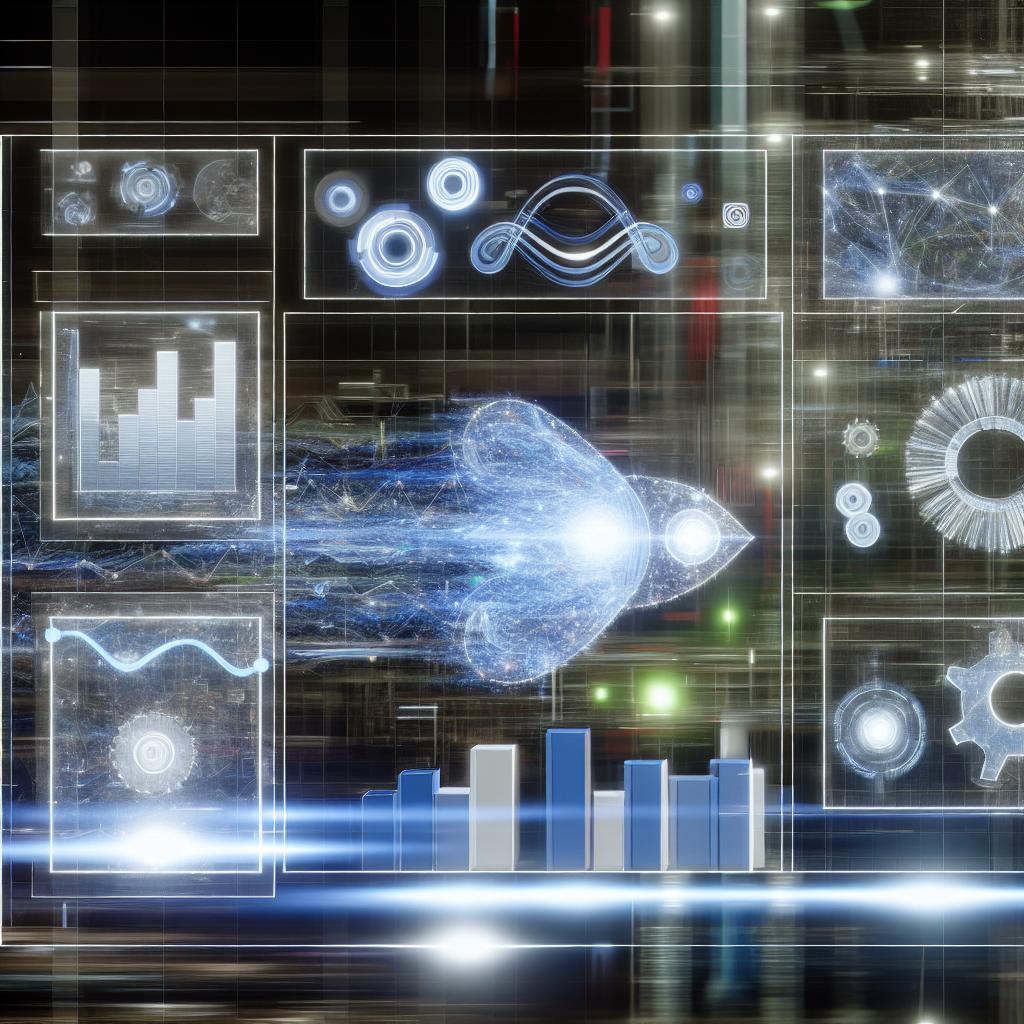 A futuristic digital interface displaying various content analytics and data insights, with AI algorithms working in the background to optimize content strategy.