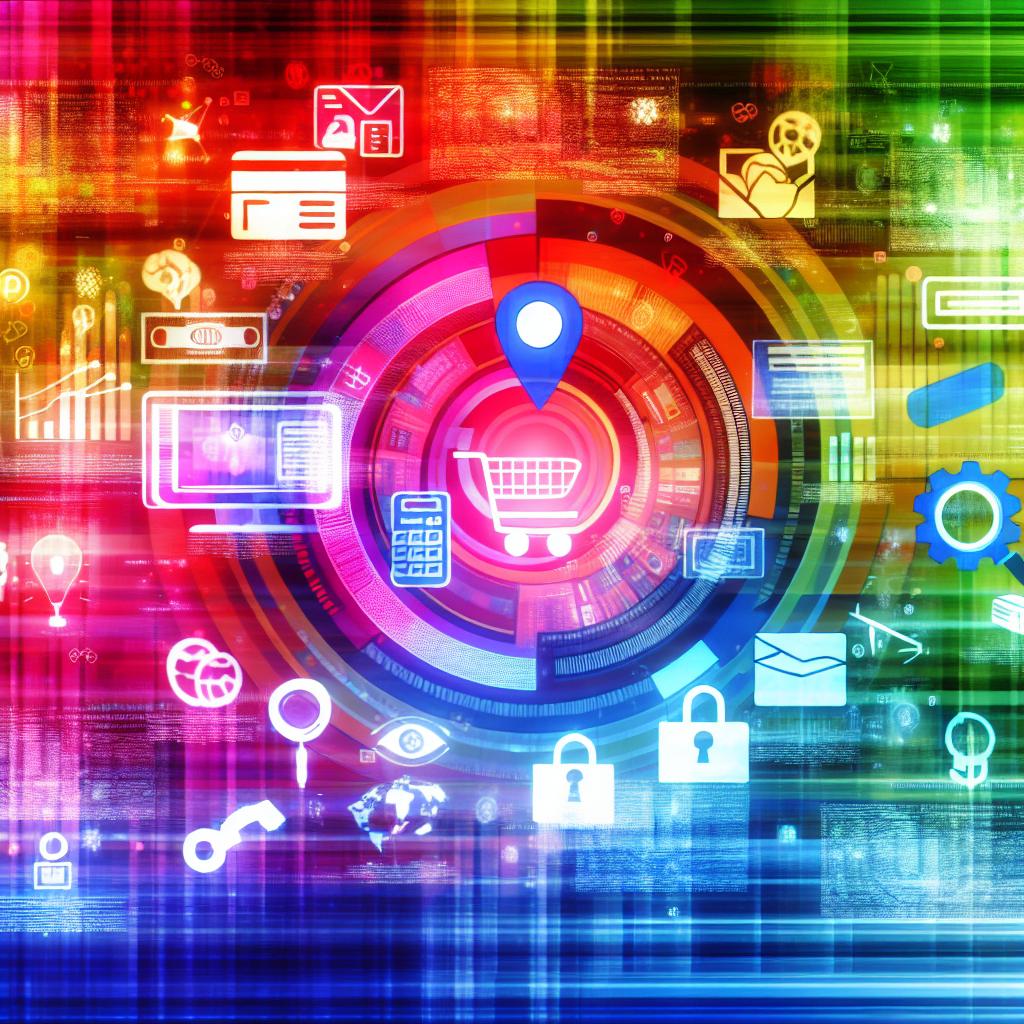A vibrant and dynamic image of a digital interface displaying various e-commerce tools and payment options, surrounded by colorful graphics and icons representing online business transactions.