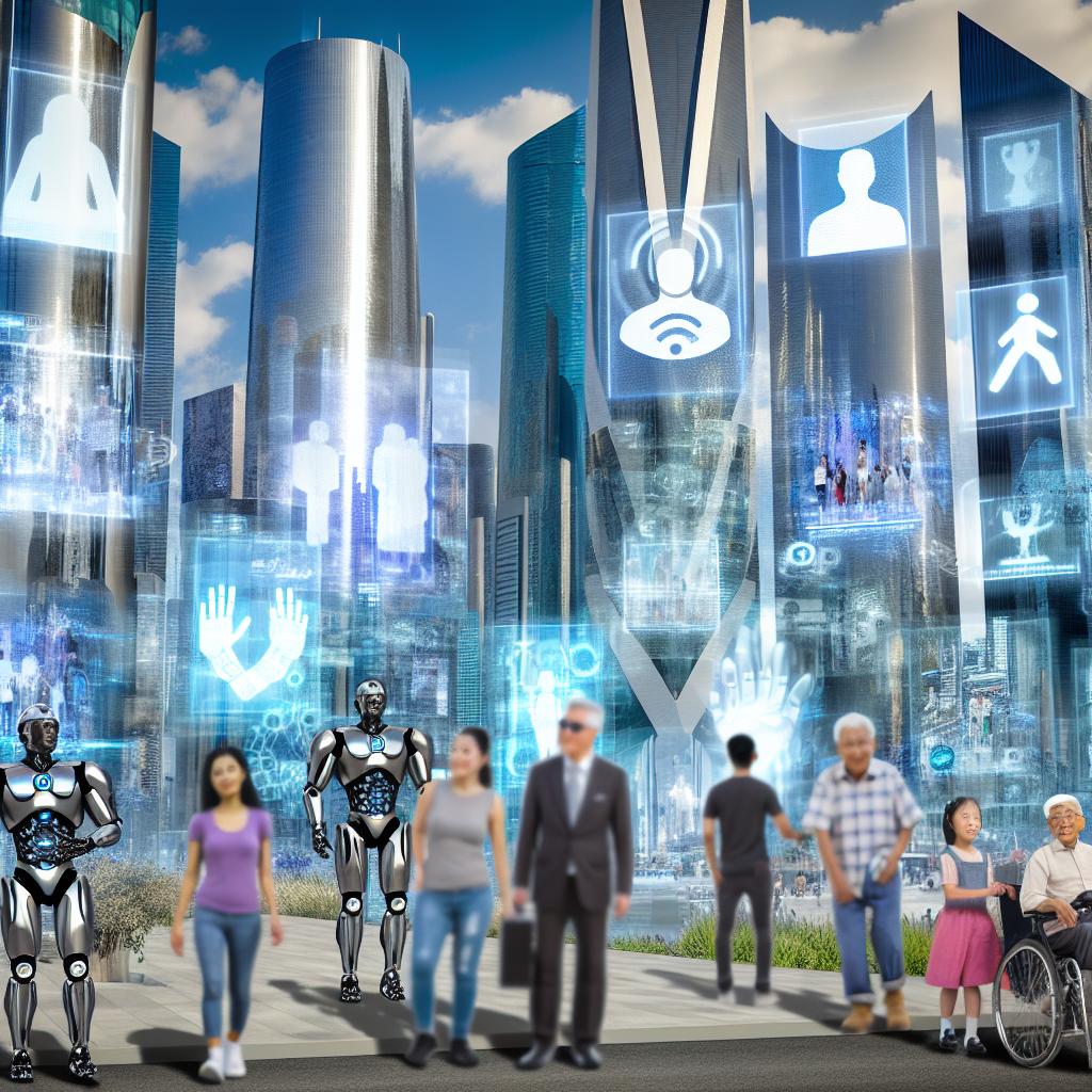 An image of a futuristic cityscape with digital AI interfaces seamlessly integrated into everyday interactions, showcasing a new era of customer service excellence.